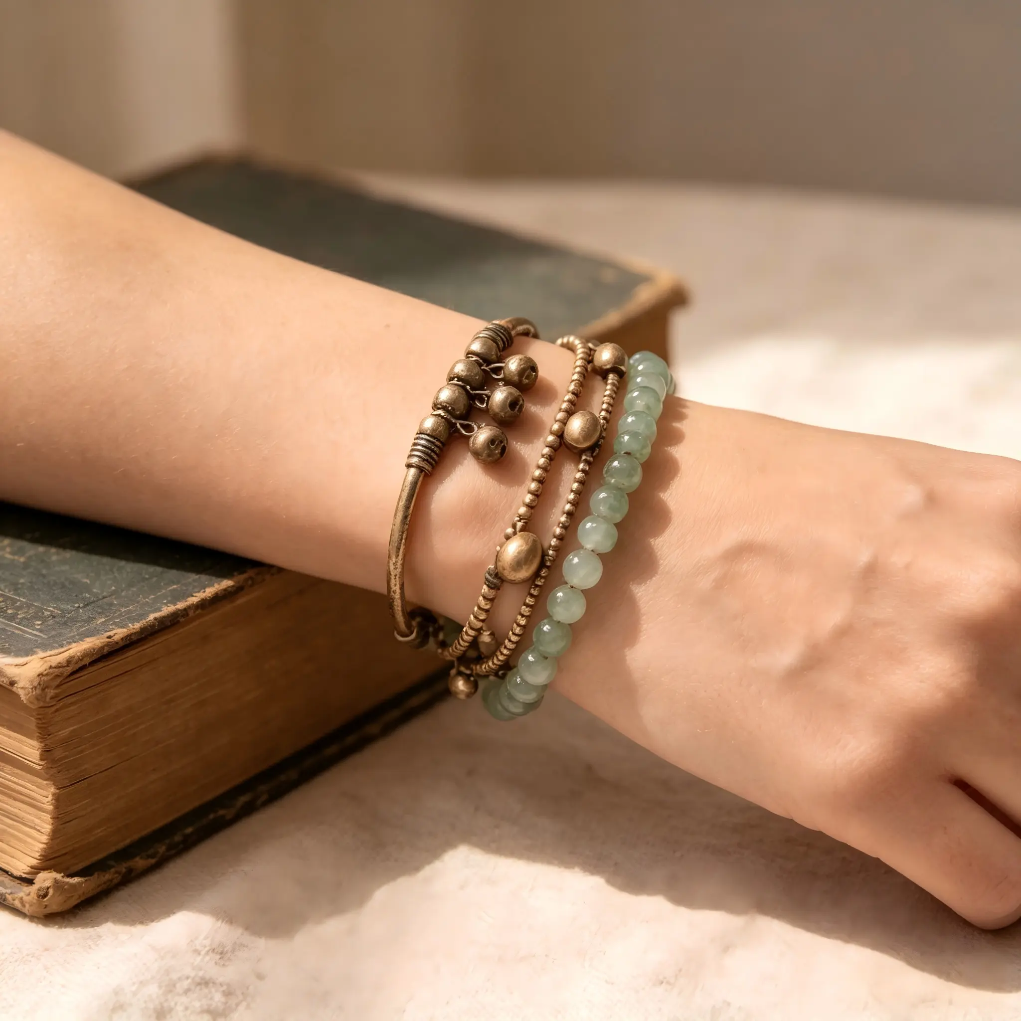 2pcs Boho Layered Brass Bell Stack Bracelet Soft Gentle Ringing ASMR Healing Chime Sound Natural Green Stone Beaded Woven Bracelets Adjustable Bohemian Relax Calming Jewelry For Women Festival Vacation Daily Wear Gift For Her