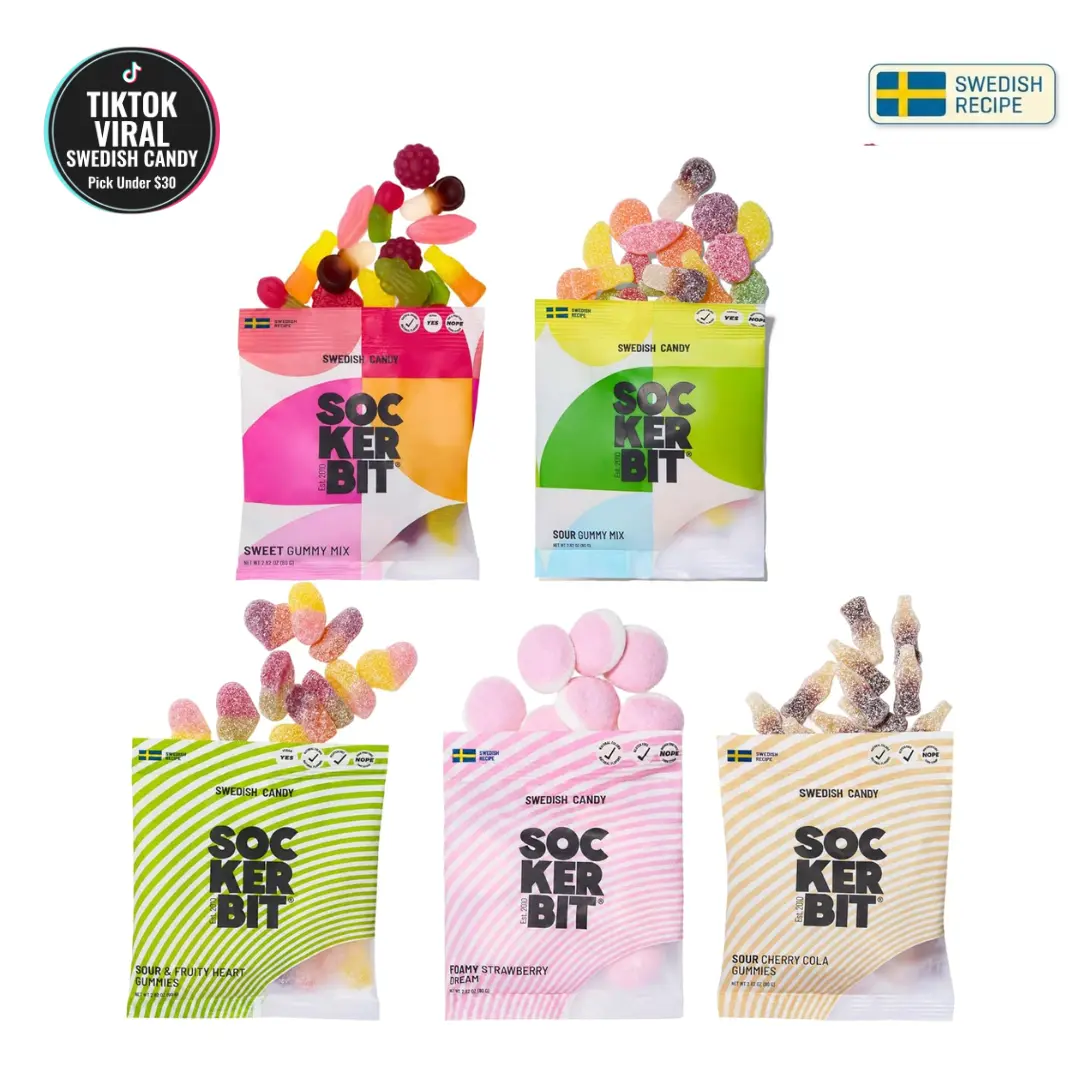 Sockerbit Swedish Candy Variety Pack, 5 Bags, Sweet & Sour Gummy Candy Mixes, Foamy Strawberry Dream, Sour Cherry Cola Bottles & Fruity Hearts, Vegan Options & Non GMO, 2.82oz Each Bag