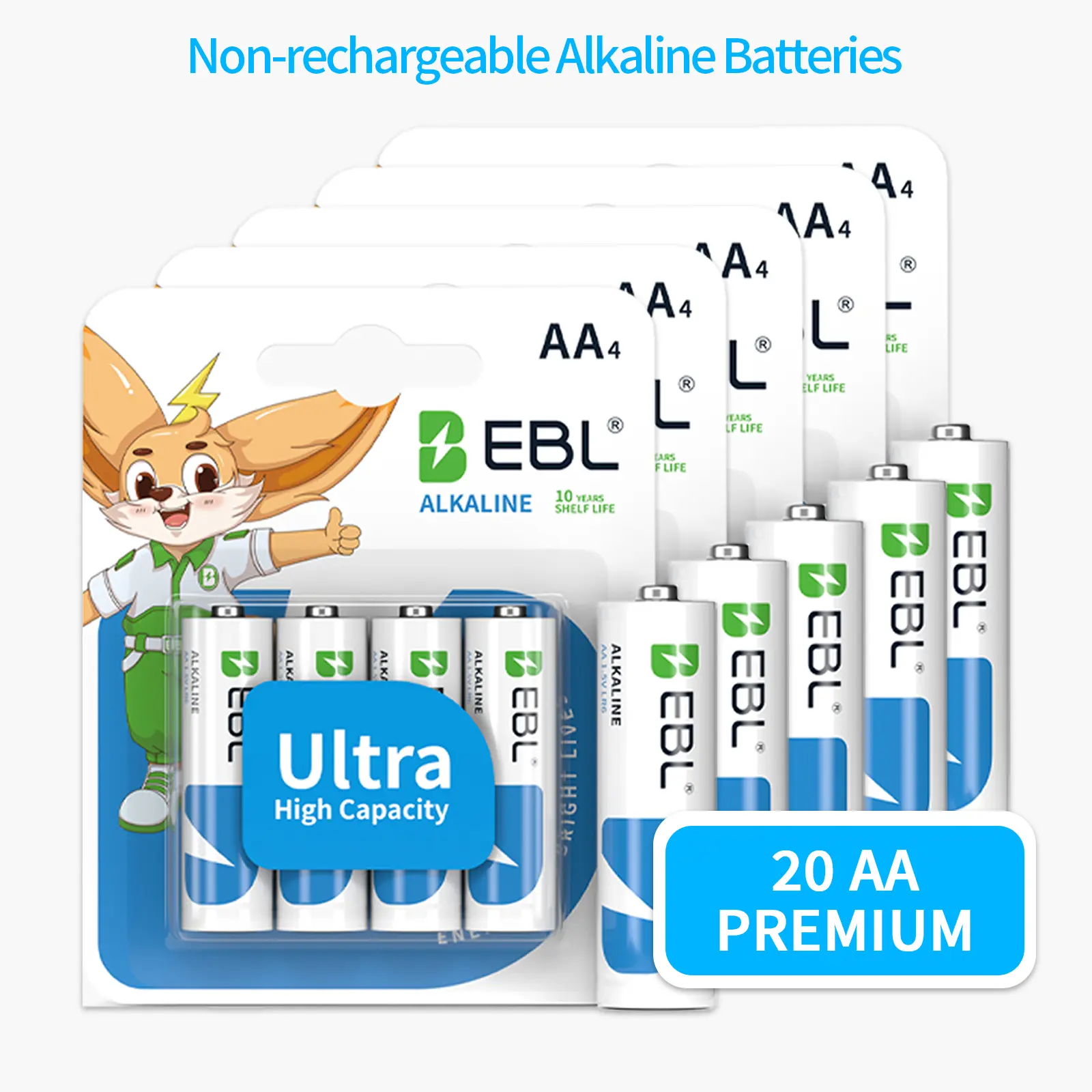 EBL 20-Count AA Alkaline Batteries - Non-Rechargeable, Anti-Leak, Eco-Friendly, Long-Lasting Power for Remotes/Toys, 10-Year Shelf Life, Ideal for Stockupsupply