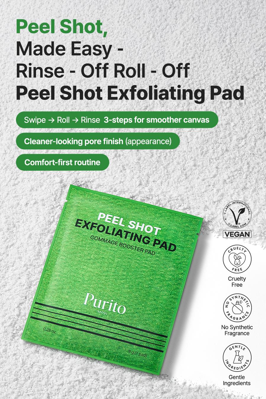 [Purito Official] [Buy 1 Get 1 Free] Peel Shot Exfoliating Pad I 16 Pad Total | for Blackheads, Whiteheads & Pores | Charcoal + Enzyme Deep Clean | Instant Glow & Smooth Texture | Gentle Daily Exfoliation | Korean Skincare