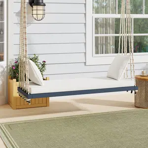 Patio Wooden Swing Chair, Hanging Porch Swing Bench with Cushion&Pillows, 10.8Ft Hemp Ropes for Garden,Backyard, Lawn