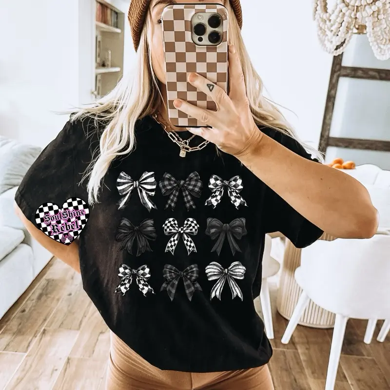 Coquette Checkered Bows Graphic Tee Softstyle T-Shirt Unisex Alt Vibes Cotton Top