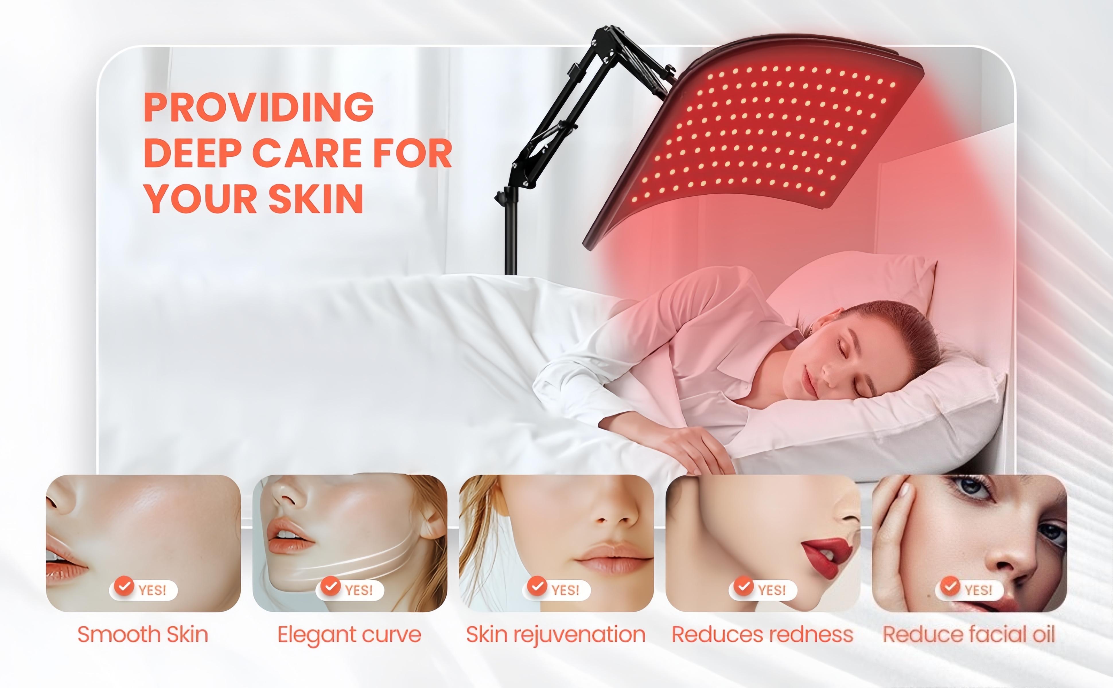INTEO red light therapy device features a detachable panel with a stand, suitable for the face, back, and whole body. It is used for muscle recovery, fitness, relieving muscle pain and improving blood circulation, as well as improving sleep quality.