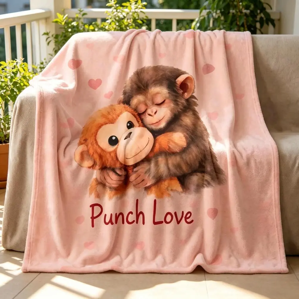 "Punch Love" Plush Monkey Hug Blanket | Watercolor Hearts Design | Cute & Warm Throw for Sofa, Perfect Birthday Gift