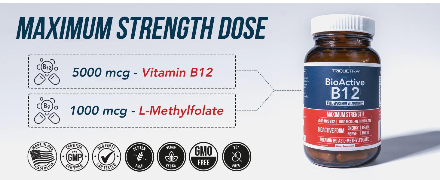 BioActive B12: Vitamin B12 Plus L-Methylfolate Healthcare Fitness Supplement Edible Dietary Bathroom