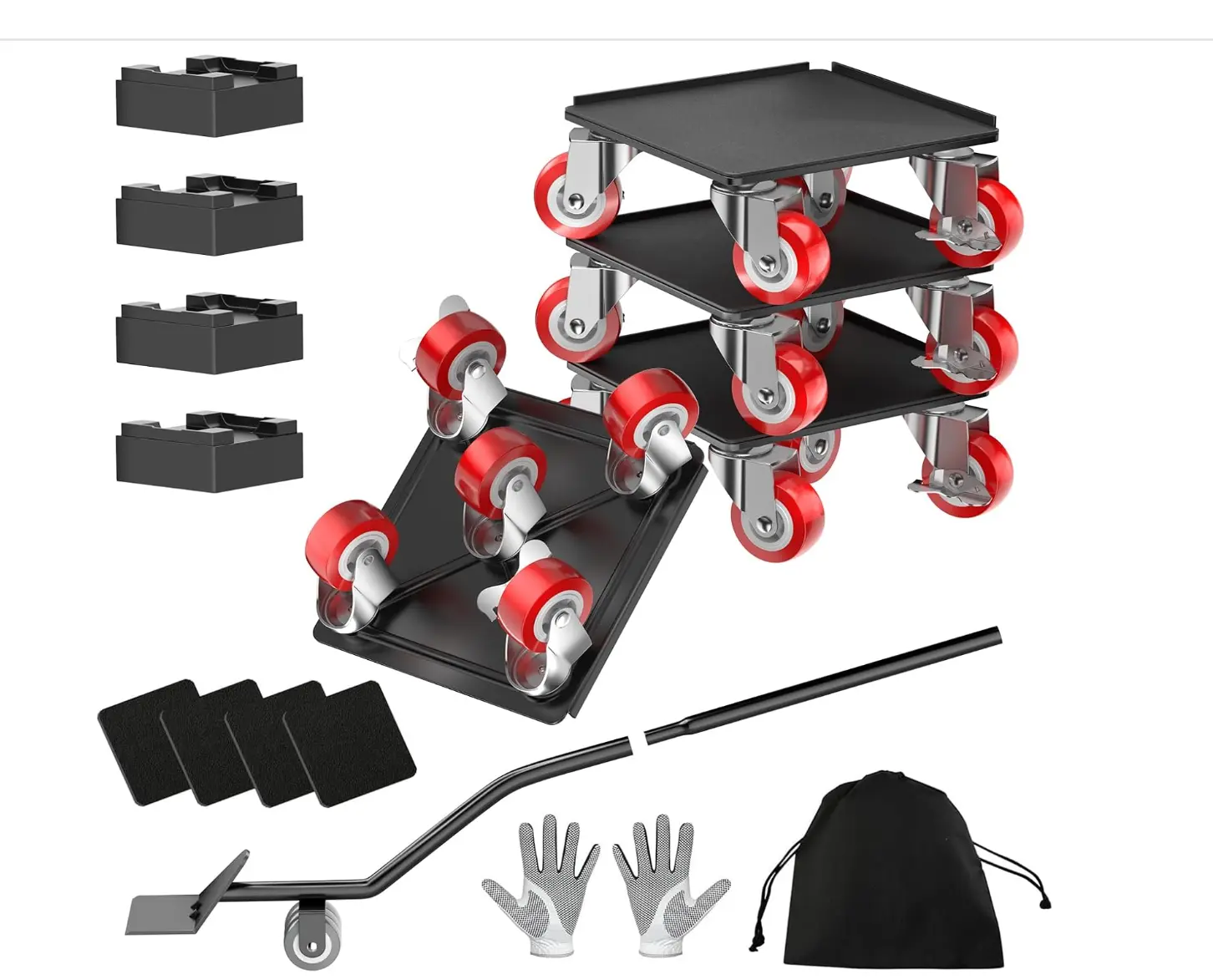 High Quality 1500 lbs Furniture Dolly - New Upgraded Design, 5.4x5.4-in Carbon Steel Panel, 5x360° Non-Slip Casters, Easy-to-Use Lifter Jacks, Gliders & Pry Bar, 4 Heightening Spacers, No Deformation for Moving Furniture (Red)
