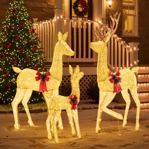 Large Lighted Christmas Deer Family Set with 360 Bright LED Warm Lights Standing Reindeer, Lawn Decor, Indoor Outdoor Front Yard Holiday Decoration, Stakes, Zip Ties, 3-Piece Gold