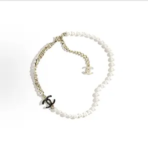 Pre-owned 24K black double C pearl Cuban link assembled chain necklace, alloy