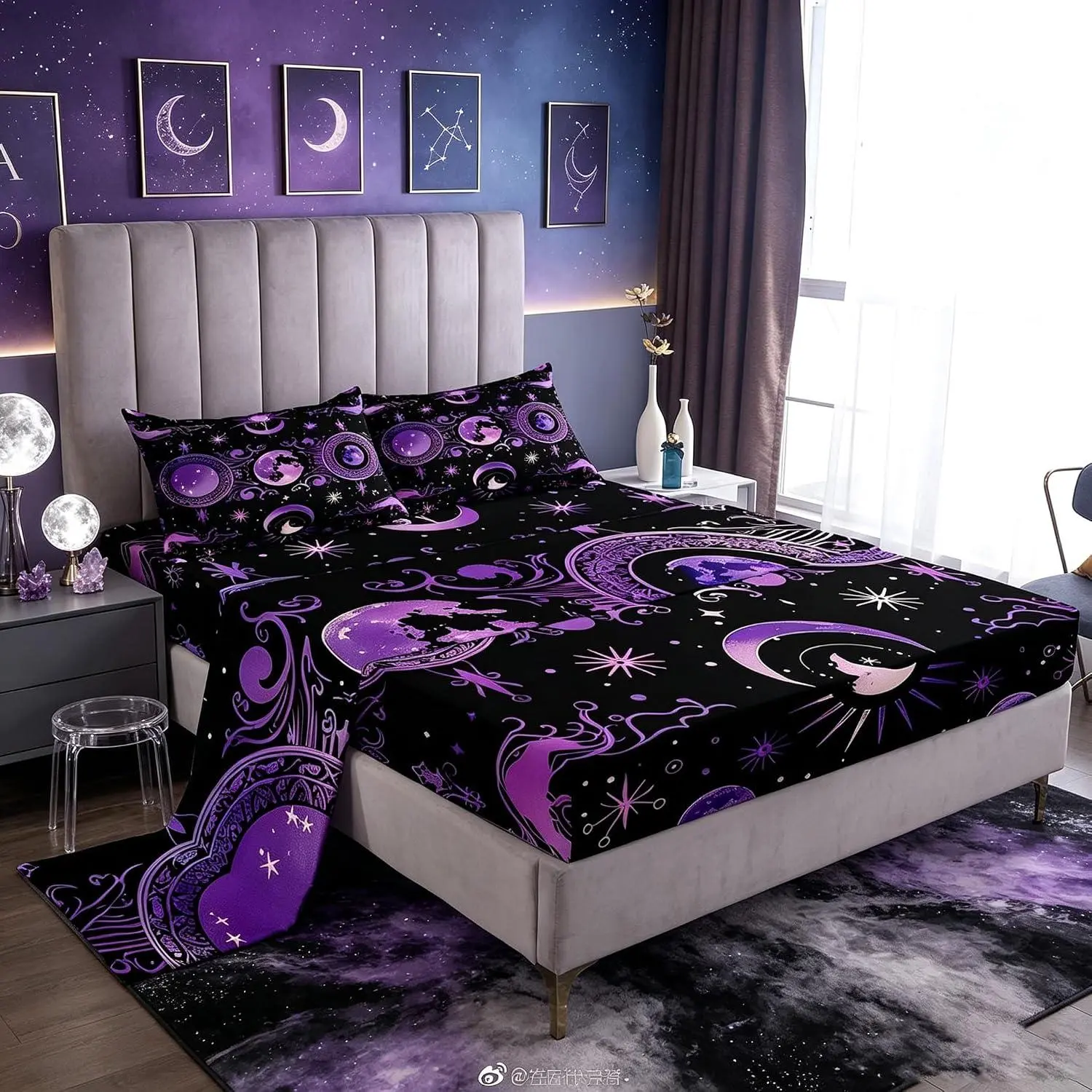Halloween Decor Bed Sheets Set Sun and Moon Deep Pocket Fitted Sheet Purple Eclipse of The Sun Bedding Sets Funny Astronomy Soft Bed Set