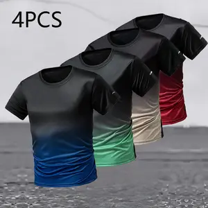 Set of 4 men’s ombre print short-sleeve tees — gym tees, sporty breathable quick-drying shirts for outdoor running and gym training, casual tops for everyday wear