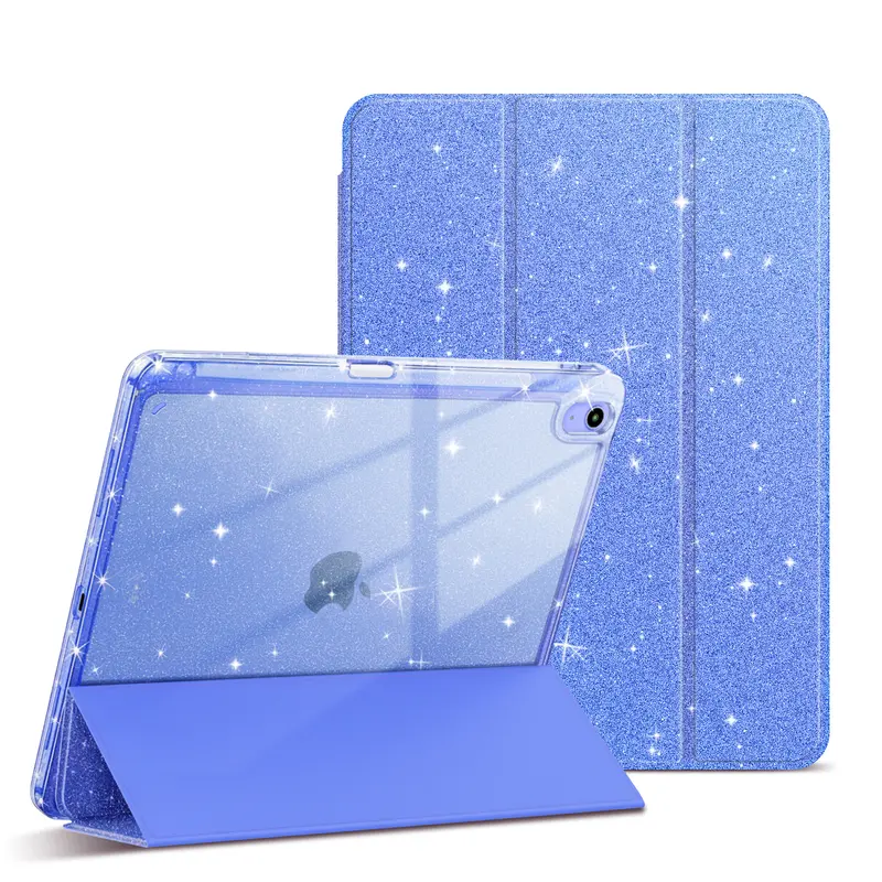 Blue Glitter Slim Smooth Tablet Case & Casing for iPad 10th Gen 10.9in 2022, 11th Gen 11in 2025 - Durable Shockproof Scratch Resistant TPU Smart Cover with Trifold Kickstand, Auto Sleep/Wake, Pencil Holder, Handheld Protection