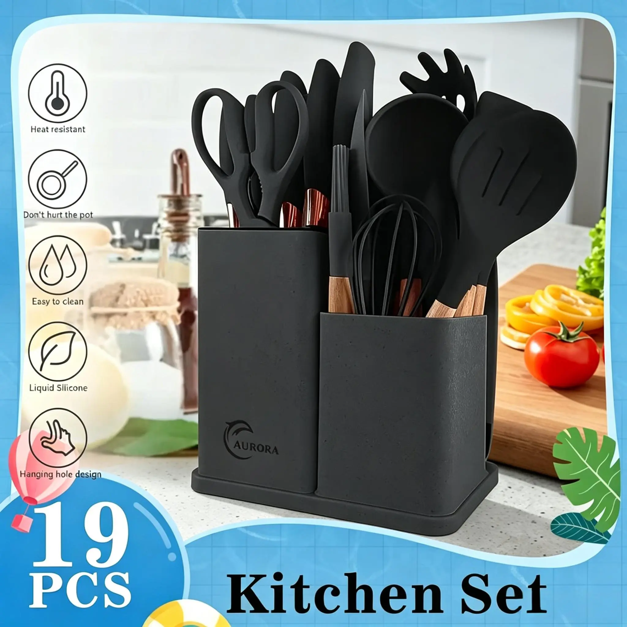 19-Piece Silicone Gel Kitchen Utensils Gadgets Set with Wooden Handles - Anti-Adherente, Assorted, Multi-Purpose Spatula, Spoon, Ladle, Scraper for Home Cooks, Whimsical Black Supplies, Anti-Adherente Cooking Spoons
