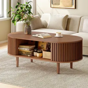 ONBRILL Fluted Oval Coffee Table, 43” Mid Century Modern Coffee Table with Storage, Wood Living Room Tables with Sliding Door, Center Tables for Living Room Apartment Small Space Walnut
