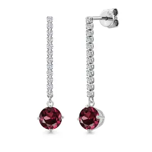 Gem Stone King 14K White Gold Gemstone Birthstone and White Lab Grown Diamond Long Liner Dangle Earrings for Women | Round 6MM | White Gold Chain Drop Earrings