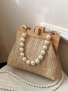 26 Spring/Summer Stylish Women's Elegant Faux Pearl Decorated Straw Handbag Fashionable Casual Trendy Versatile High-quality Daily Commuting Bag,Valentine's Day gift,Mother's Day gift