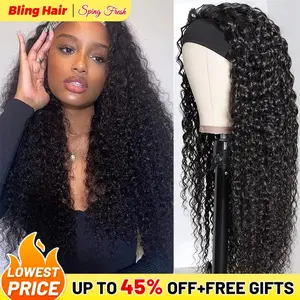 Bling Hair Curly Headband Wig Deep Wave Headband Wigs with Headbands Attached Glueless Black Wig 150% Density for Daily Use (26 Inch)