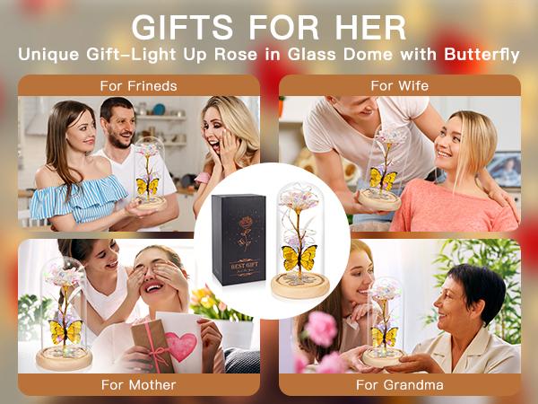 DEEMEI Birthday Gifts for Women Eternal Flower Light Up Galaxy Rose in Glass Dome with Butterfly Valentines Day Gifts for Her Mom Girlfriend Daughter