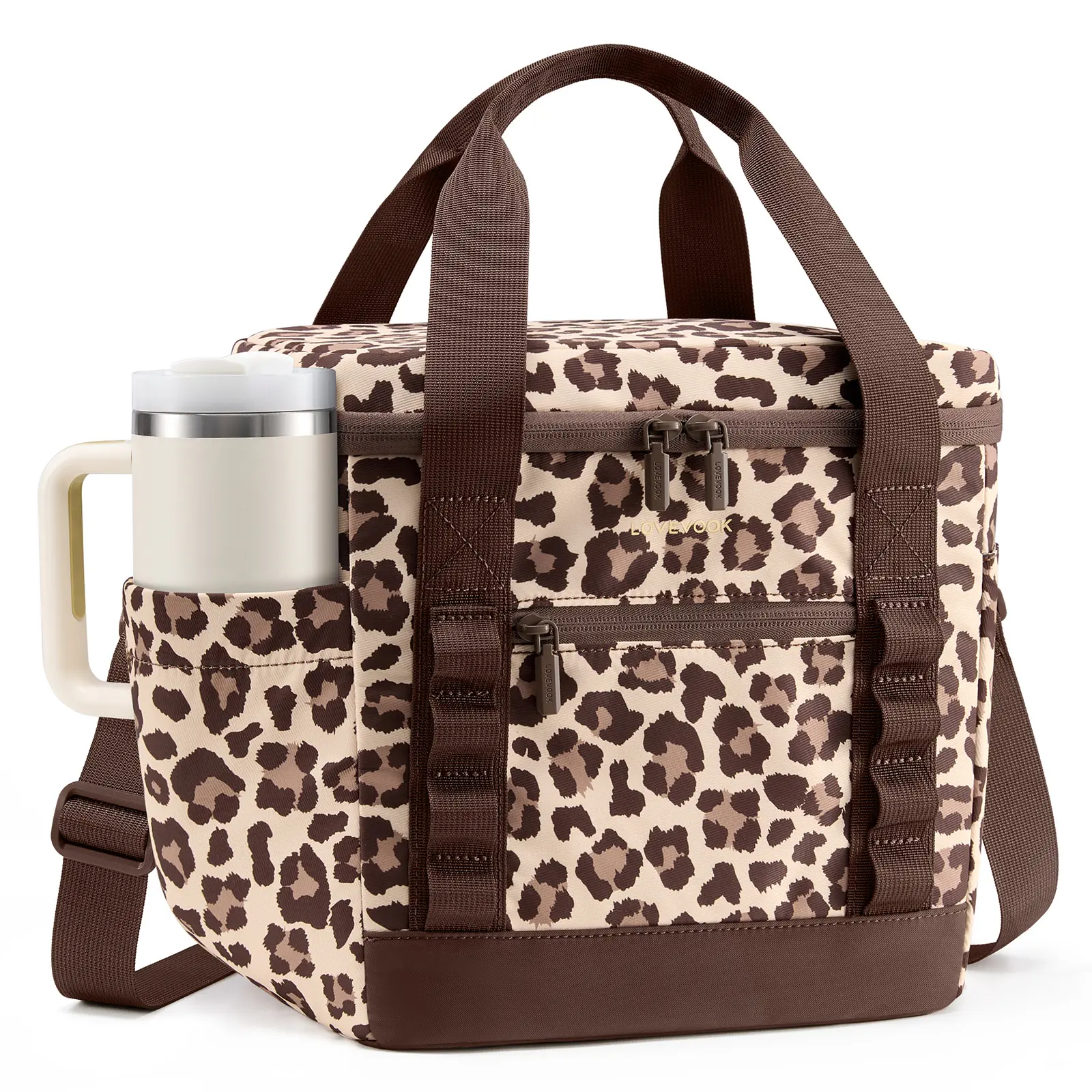 LOVEVOOK Insulated Lunch Bag for Women, Leakproof Lunch Box with Cup Holder | 180° Wide Opening | 4-Layer Thermal Insulation | Heat-Sealed Waterproof | Fits 40oz Cup | Customizable DIY Webbing