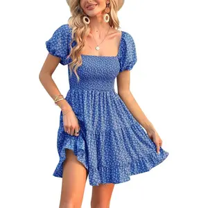 Wenrine Women's Puff Sleeve Square Neck Smocked Babydoll Dress Boho Floral Print Off Shoulder Ruffle Mini Short Dress