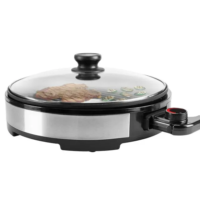 Elite Cuisine 14-Inch Stainless Steel Indoor Electric BBQ Grill - Glass Cover, Adjustable Temp Thermostat, Customizable Grilling Function, Cord, Home Barbecues, Lowfat Recipe Ready
