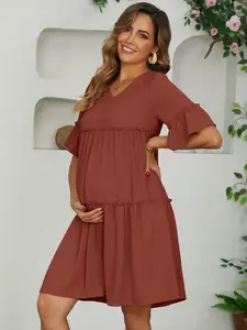 INSPIRE CHIC Women's Maternity Dress Babydoll Bohemian Tiered Ruffled Bell Sleeve Casual V Neck Boho Pregnancy Dresses