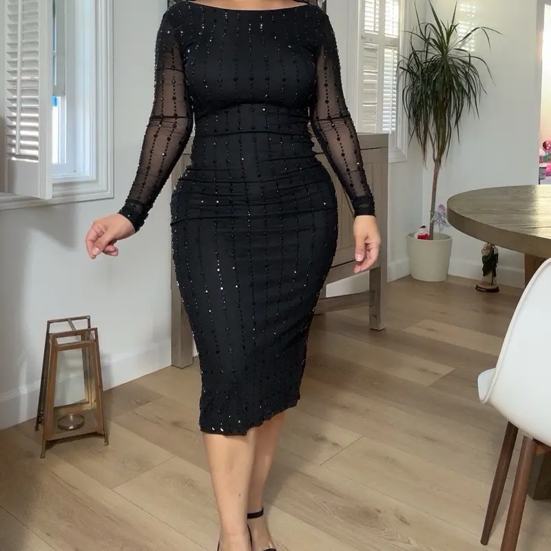 Sleeves Macys Black Lace Dress Miss Circle Women's Bailey Lace Trim Crystal  Net Cutout Long