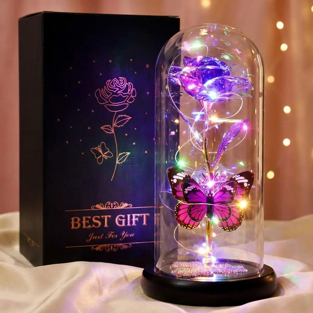 DEEMEI Eternal Rose Light Up Flower in Glass Dome with Butterfly USB Charge Artificial Rosa Father's Day Gift