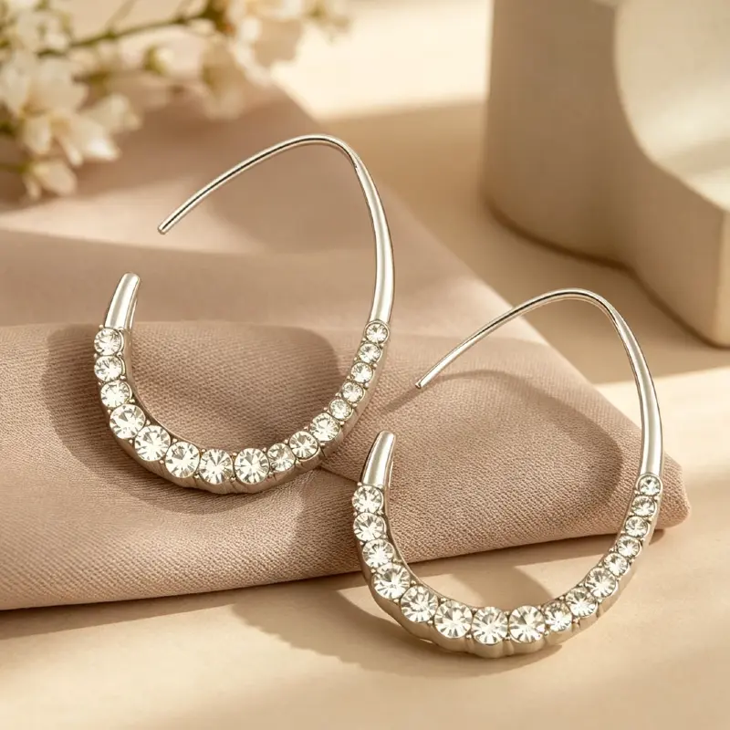 Faux Diamond Teardrop Hoop Earrings, Oval Pull Through Statement Earrings for Women High Polished Jewelry Trendy Hoop Earrings