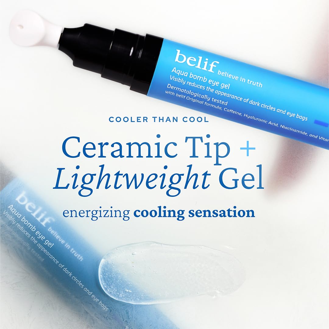 belif Aqua Bomb Eye Gel, Korean Skincare with Caffeine, Hyaluronic Acid & Niacinamide – Hydrating, Depuffing & Plumping Eye Cream with Cooling Ceramic Tip