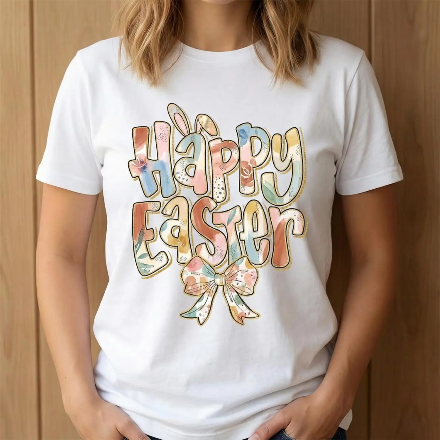 Celebrate Easter with a Vibrant Colorful Bunny and Bow Graphic Tee Featuring 100 Percent Cotton Unisex Casual Short Sleeve T Shirt for All Seasons