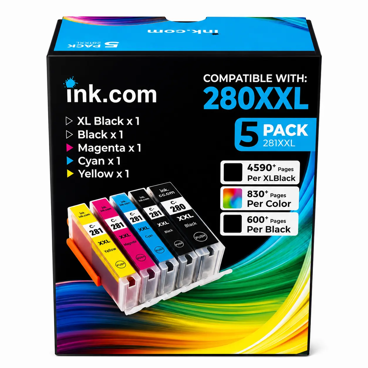inkjet printer ink cartridges 5 Pack High Yield 280XXL/281XXL Compatible Replacement Cartridges for Canon PIXMA TR8620-TR8620a-TS6320-TR7520-TS6120-TS6220-TS8220-TS9520, Easy Installation, Consistent Performance, Crisp Black Text, Ideal for Home Offices,,