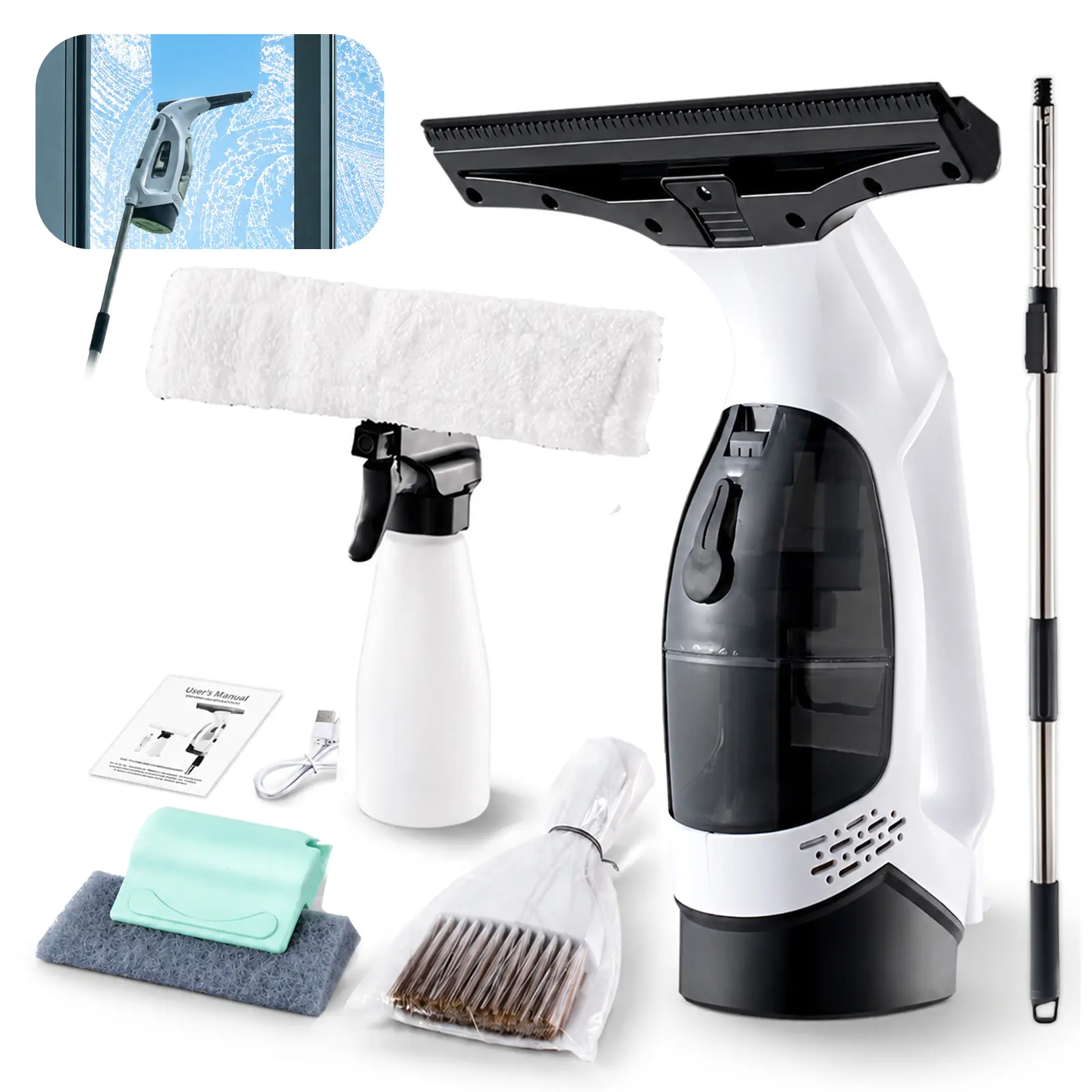 Cordless Window Vacuum Squeegee, 2000Pa Electric Window Cleaner with 150ml Removable Tank, 11" Squeegee Head, Telescopic Rod, Spray Bottle & Cleaning Cloth for Glass Doors, Mirrors, Shower, Car, White
