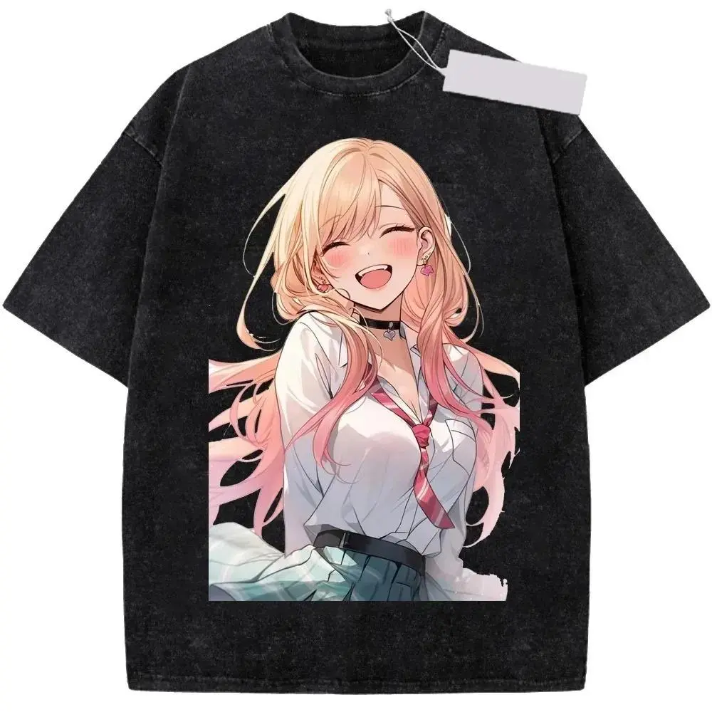 Anime My Dress-Up Darling Merch T-Shirt Marin Kitagawa Pattern Vintage Washed Unisex High Quality Oversized Top T-shirts4