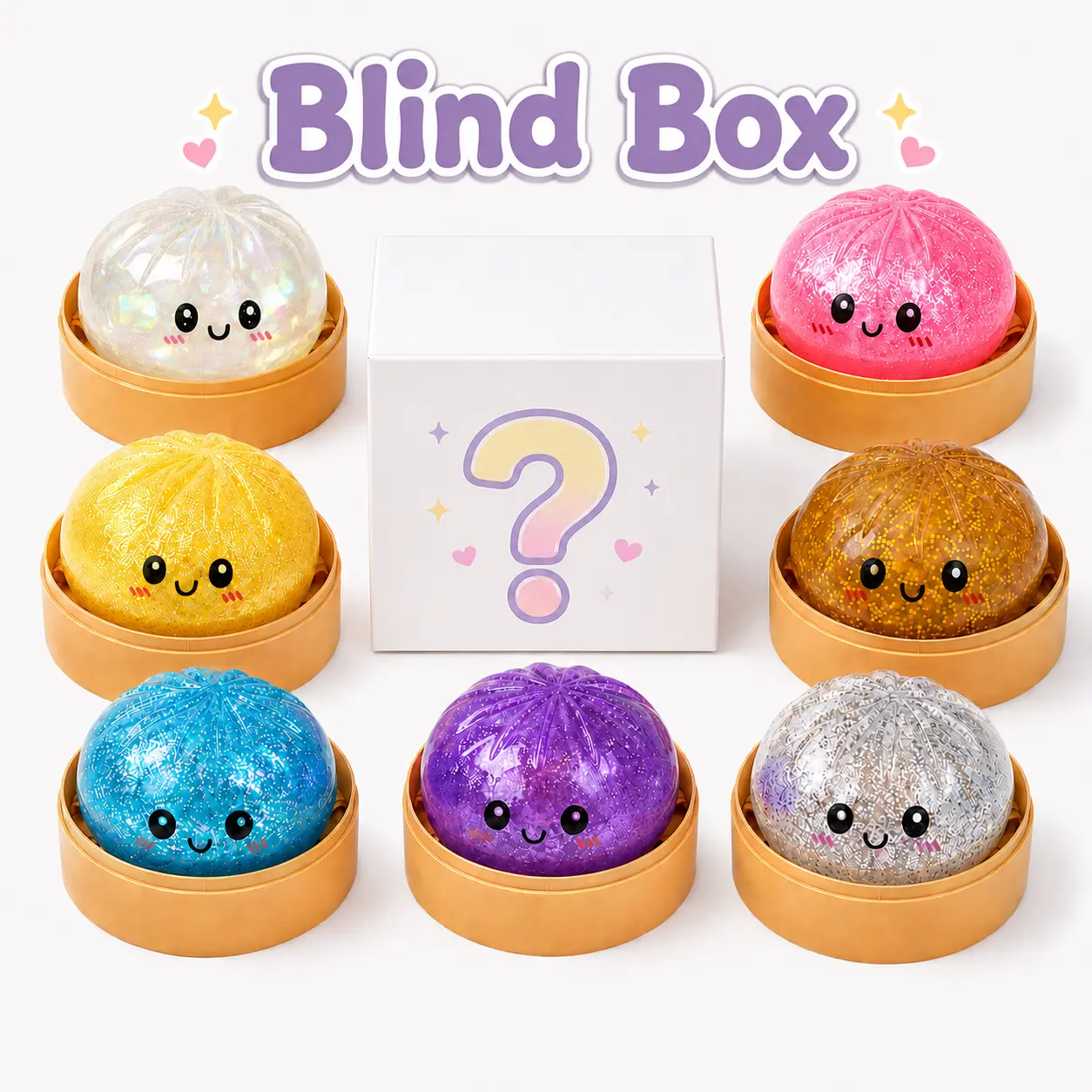 1 PC Glitter Dumpling Squishy Blind Box, All Glitter Dumpling Squishy with Steamer Box, Colorful Soft Squeeze Stress Balls Fidget Sensory Toy ,Squishy Toy Decompression Gift for Kids Adults in Birthday Christmas