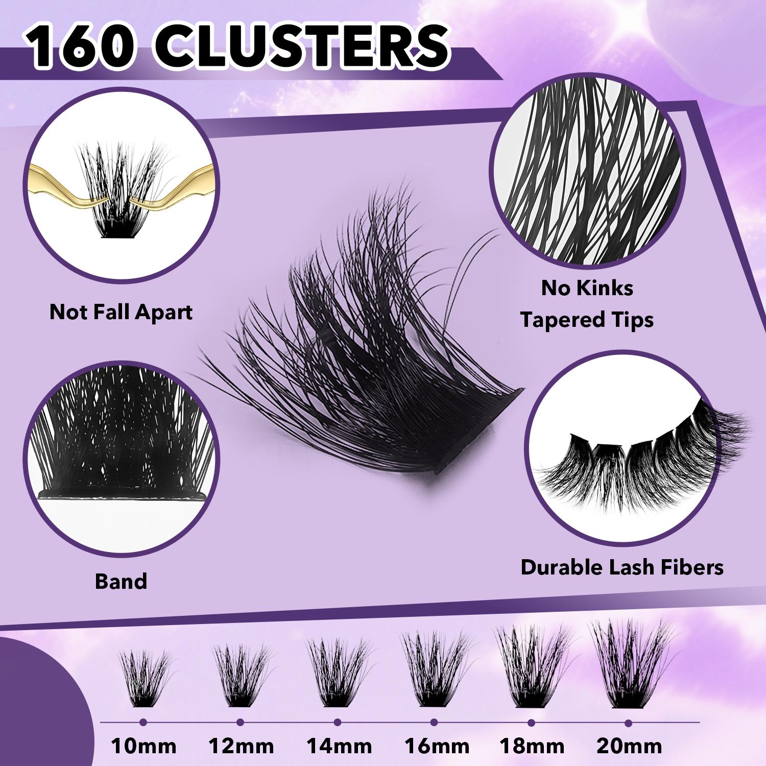 FEEGO 200D Lashes Extension Kit Thick Eyelash Extension Kit 10-20mm Lash Clusters Individual Eyelashes Kit With Lash Bond and Seal D Curl Cluster Eyelash