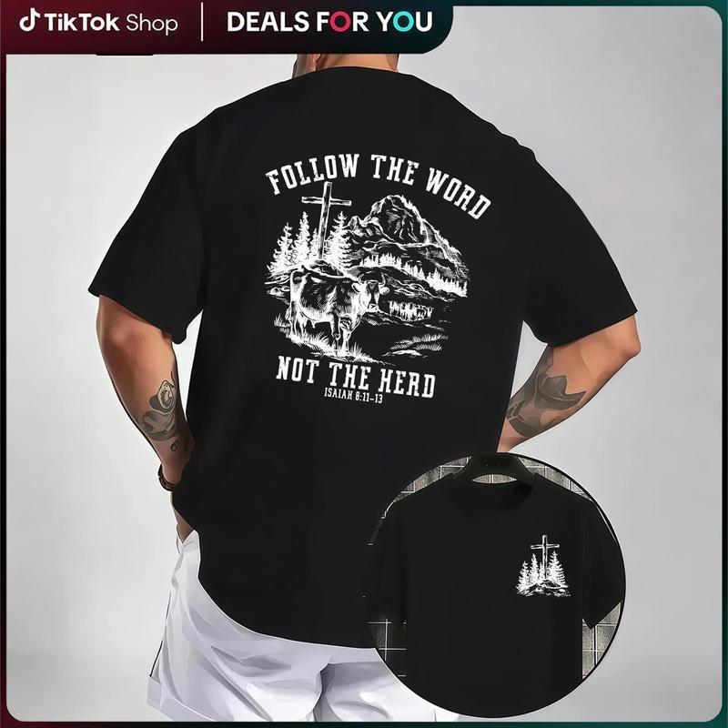 Faith 2026 Follow The Word Not The Herd T-shirt -With Cross Cow And Mountain Graphic For Church Or Outdoor Wear Evangelical Christian Message Unisex Menswear Tops shirts  women