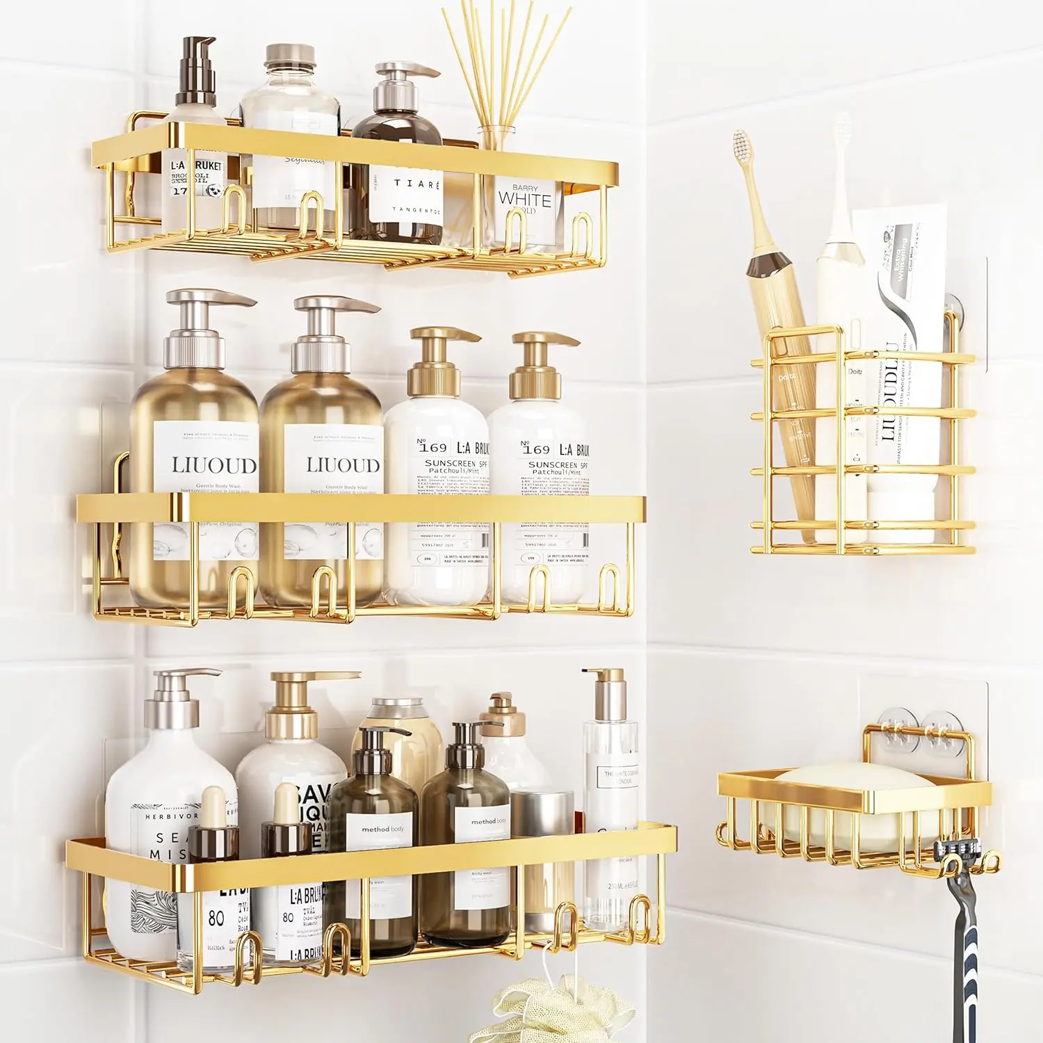 Shower Caddy, 5 Pack Gold bathroom accessories, wall organizer, No Drill Bathroom Shower Organizers With Removable Hooks, Rust Proof Shower Shelves For Inside Shower, free wall mountshower organizer shower  organizer stick-on