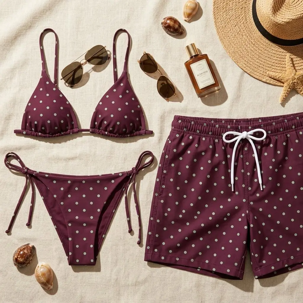 Y2K Polka Dot Women String Bikini and Men Swim Trunks His and Hers Beach Outfit Vacation Swimsuit Summer Pool Party Honeymoon Swimwear Maroon Ret