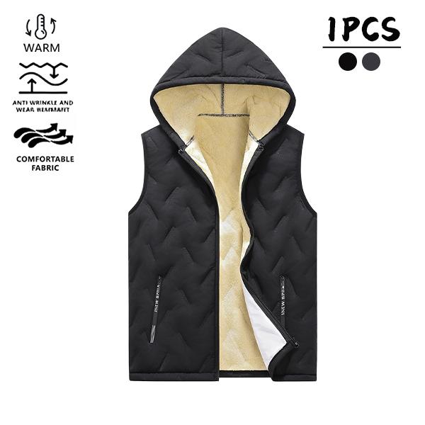 Men’s hooded sleeveless vest, thick fleece lining with stitched seams for heat retention, versatile vest-style design, a warm vest suitable for commuting, outdoor activities, and everyday wear.