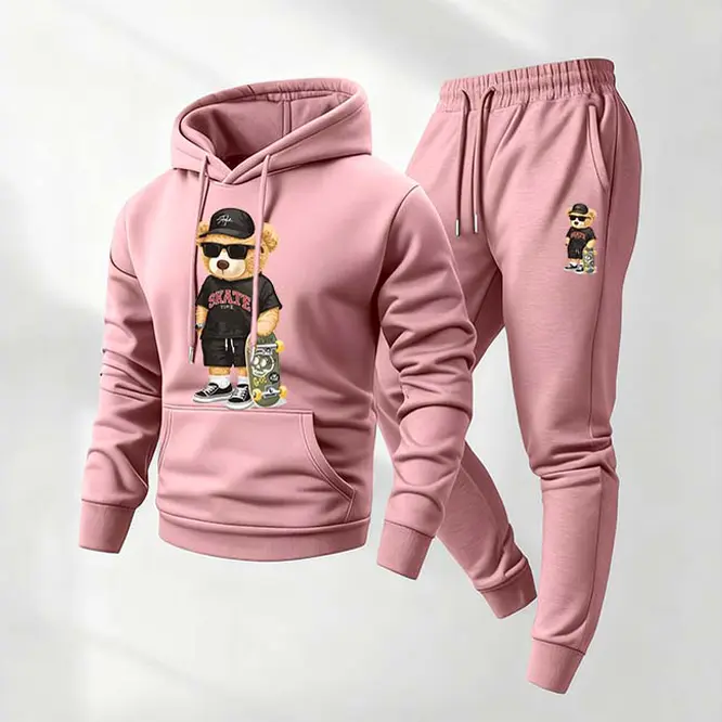 Men's Cute Sports Hip-Hop Bear Sweatpants Set, Menswear, Casual Athletic Long Sleeve Hooded Jacket & Trousers for Fall & Winter, Men's Clothing for Daily Wear, Sportswear Indoor Outdoor, Tracksuit, Athleisure