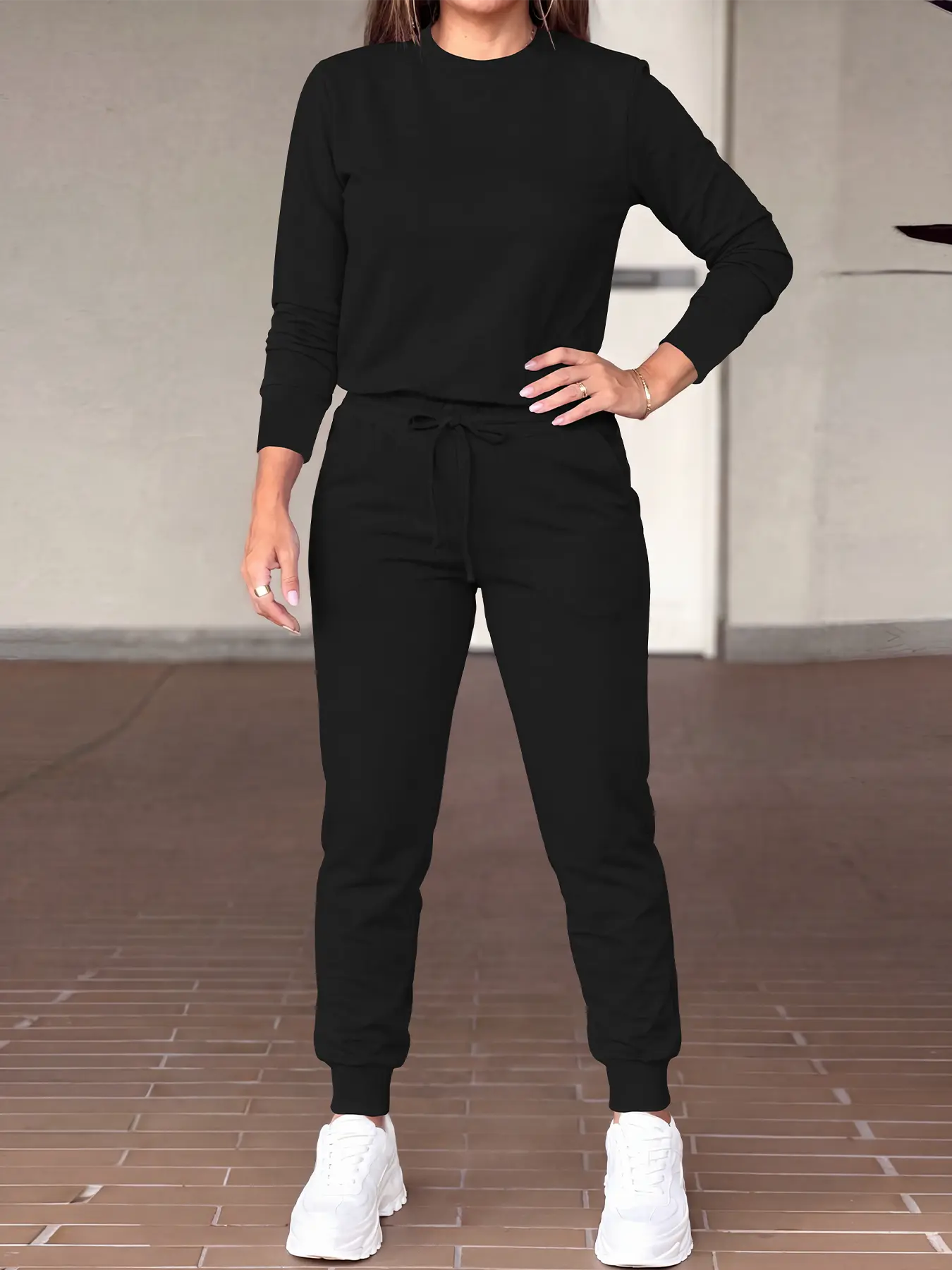 USBOUTIQUE CHIC Women’s 2026 Navy Two Piece Tracksuit Long Sleeve Crewneck Sweatshirt & Drawstring Jogger Pants Casual Loungewear Set