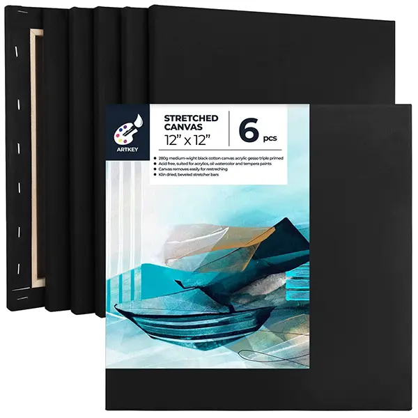 Artkey Black Canvas, 12x12 Inch 6-Pack Stretched Canvases for Painting, 10 oz Triple Primed Acid-Free 100% Cotton Black Canvas for Painting, Paint Canvas for Acrylics Pouring Oil Watercolor Paints