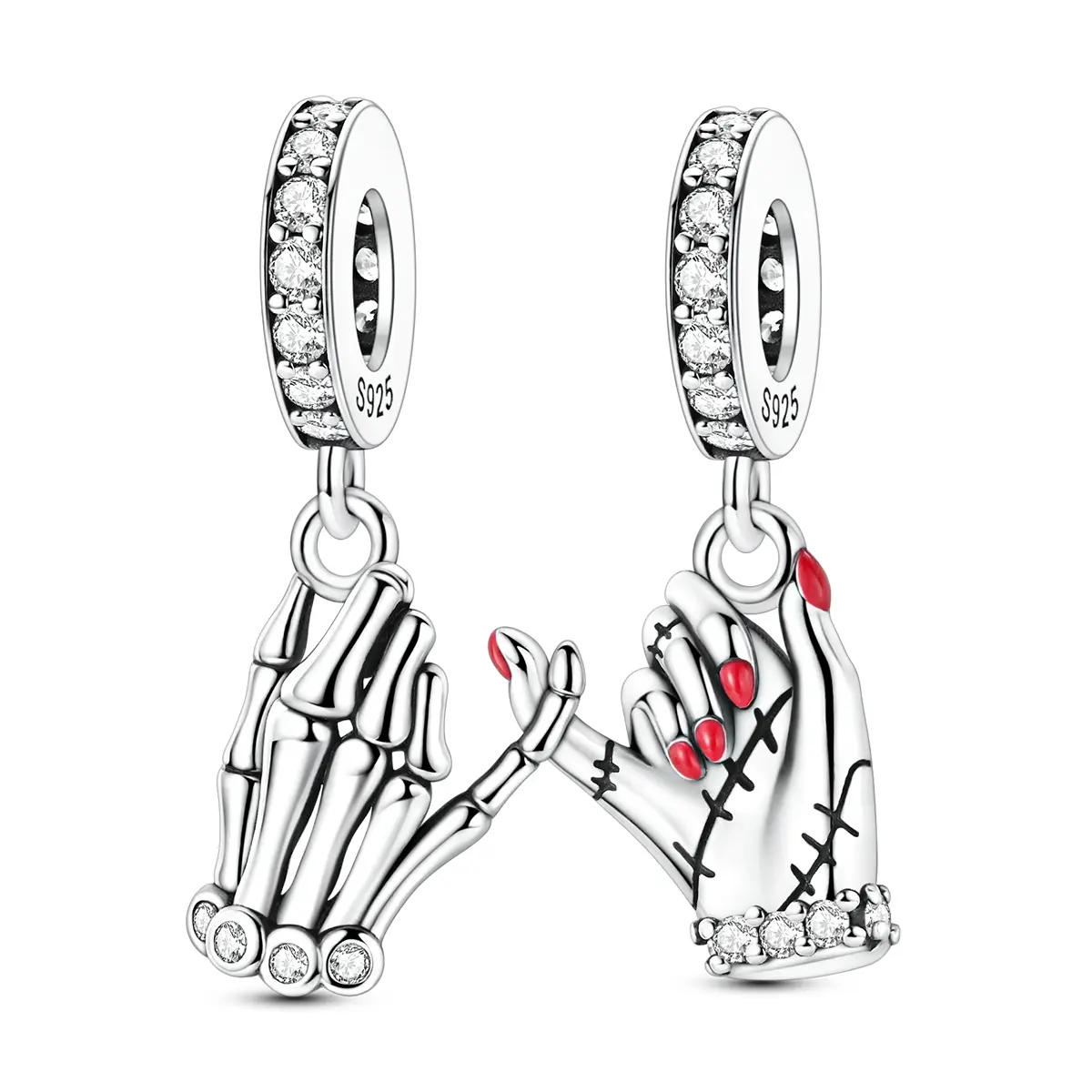 MULA Women's Gothic Skull Pinky Promise Dangle Charm, 925 Silver-Plated Romance Jewelry with Sparkle CZ, 4.5mm-5mm Standard Hole, "Till Death Do Us Part" Theme, All Seasons Arm Candy Accessories, Fits Pandora Bracelets, Anniversary Gift, Charms & Pendants