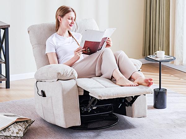 Rocker Recliner Chair, Swivel Recliner with Vibration Massage & Lumbar Heating, 270° Rotating Chenille Fabric Recliner with footrest for Living Room & Bedroom