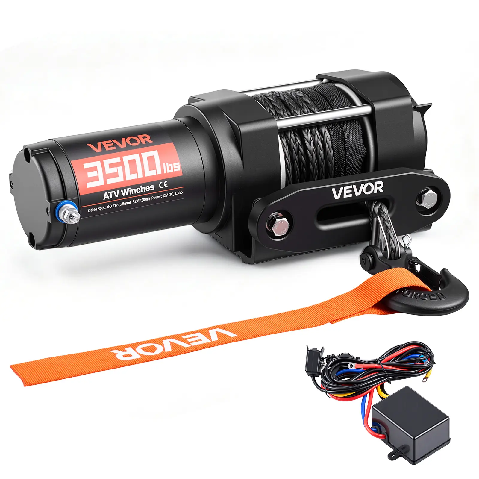 【summerfinds】VEVOR 3500 lbs Electric Winch, 12V DC ATV/UTV Winch with Φ0.21 in x 32.8 ft Synthetic Rope & Wired Remote Control, IP55 Waterproof, Aluminum Housing Fairlead Mount Plate for Towing ATV, Black