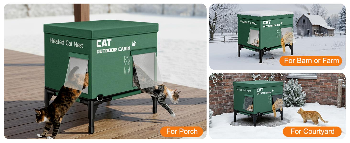 Lilypelle Heated Outdoor Cat House, Weatherproof Winter Cat Shelter with Elevated Base, Large Heated Cat House for Feral & Stray Cats in Yard, Garage or Porch (Power Bank Not Included)