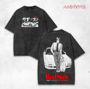 Akagi Red Suns Washed Vintage T-Shirt: Iconic Japanese JDM Drift Anime Graphic Tee with Mazda RX-7 FC3S Design – Retro Oversized Racing Streetwear Essential