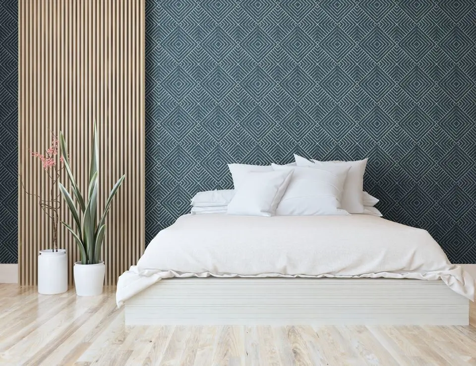 Peel and Stick Removable Fabric Wallpaper - Geometric Modern Line Art - Leland Oceania Blue