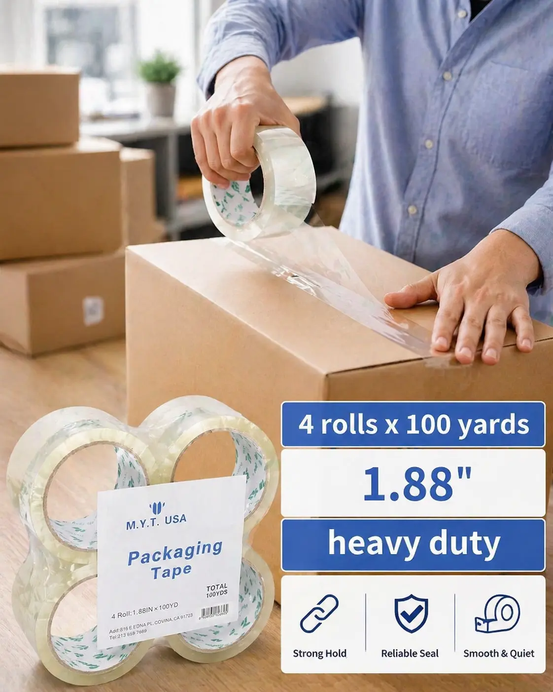 Clear Heavy Duty Packaging Tape – 4 Rolls, 1.88" x 100 Yards Each