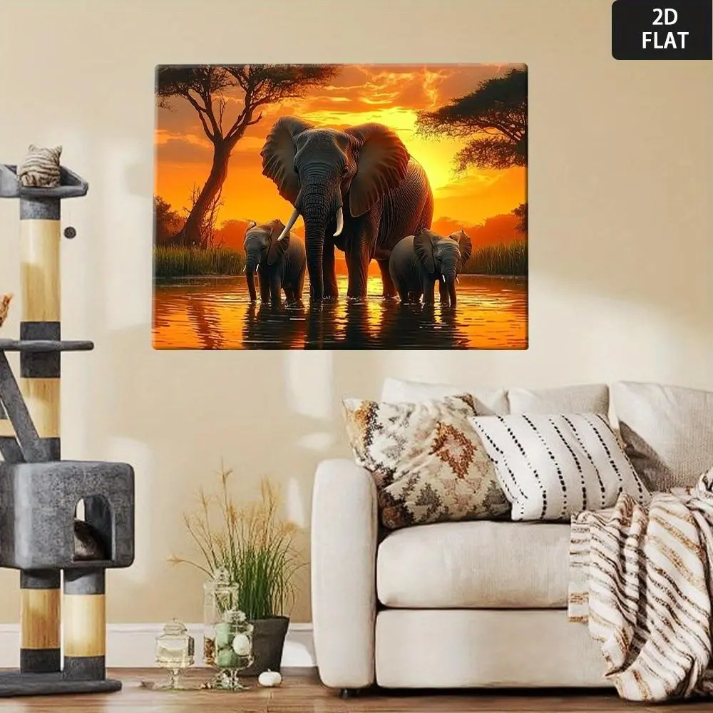 High-Resolution 2D Flat Large Modernist Abstract Elephant Family Sunset Canvas Wall Art - Soft Pastel Pink-Orange Wrapped, Durable Minimalist African Savannah Wildlife Decor, Minimalist Bedroom Indoors Ready-To-Hang Art for Living Room Office